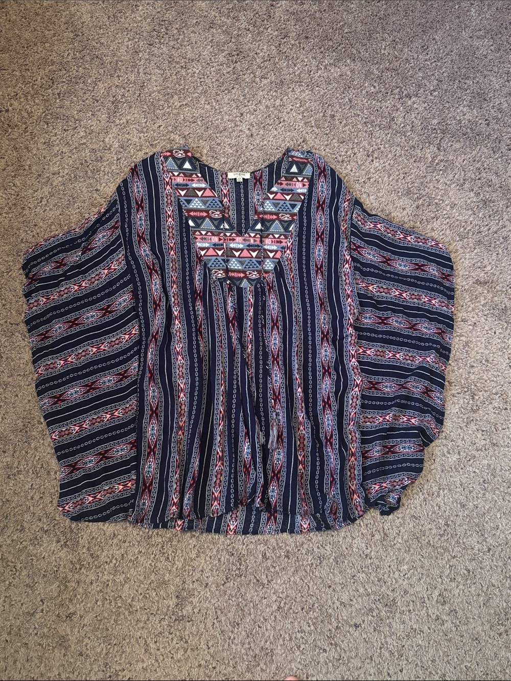 Umgee Bohemian Navy Striped Embroidered Poncho Top S M